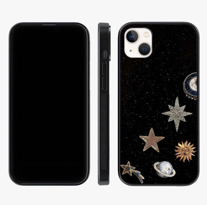 Galactic Charm Glow Glass Case displayed upright for full design visibility and premium finish.