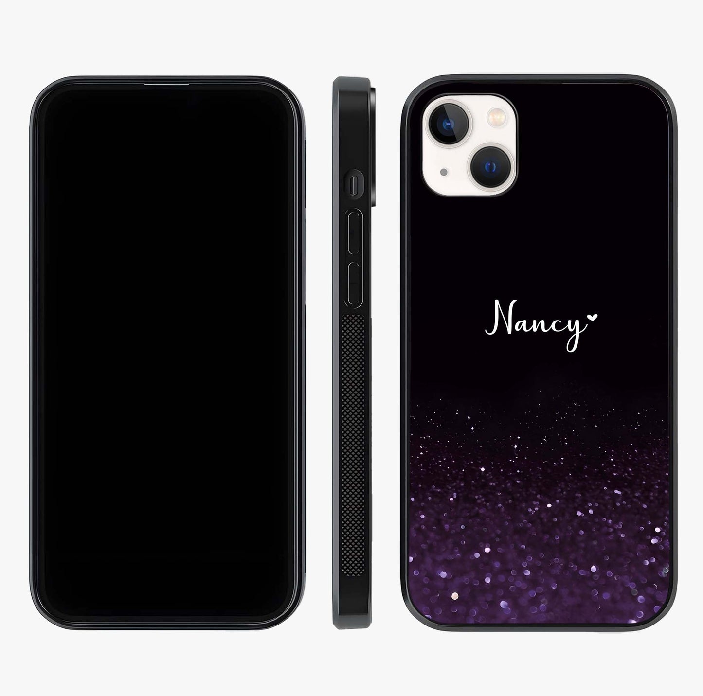 Glittery Purple Bokeh Custom Name Glass Case displayed upright for full design visibility and premium finish.