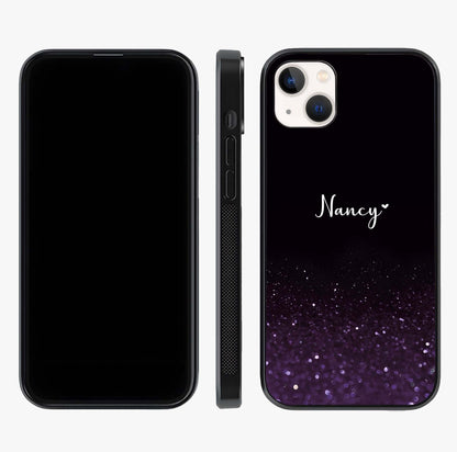 Glittery Purple Bokeh Custom Name Glass Case displayed upright for full design visibility and premium finish.