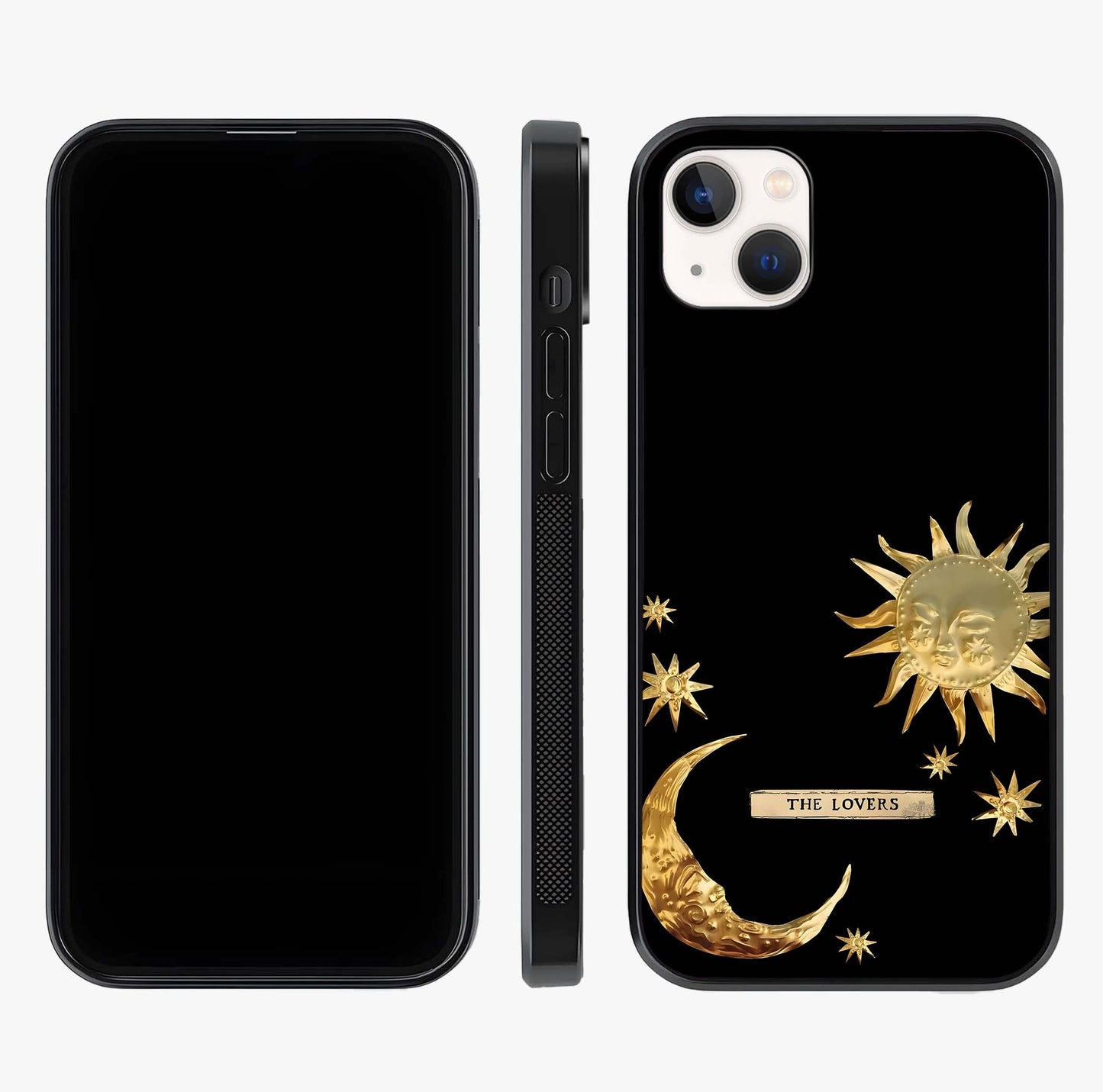 Golden Celestial Charm Glass Case displayed upright for full design visibility and premium finish.