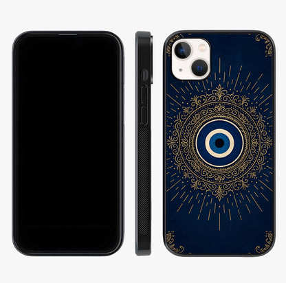 Golden Evil Eye Mandala Glass Case displayed upright for full design visibility and premium finish.