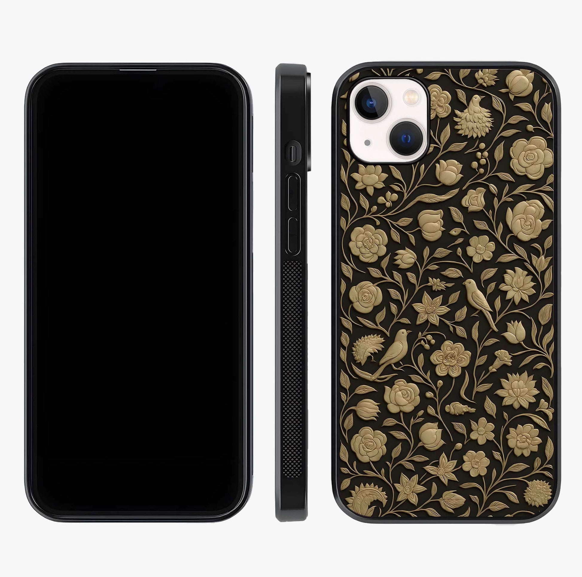 Golden Floral Majesty Glass Case displayed upright for full design visibility and premium finish.