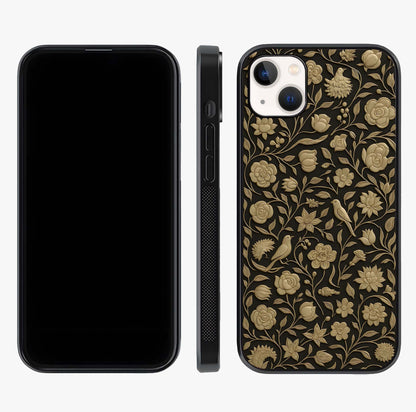 Golden Floral Majesty Glass Case displayed upright for full design visibility and premium finish.