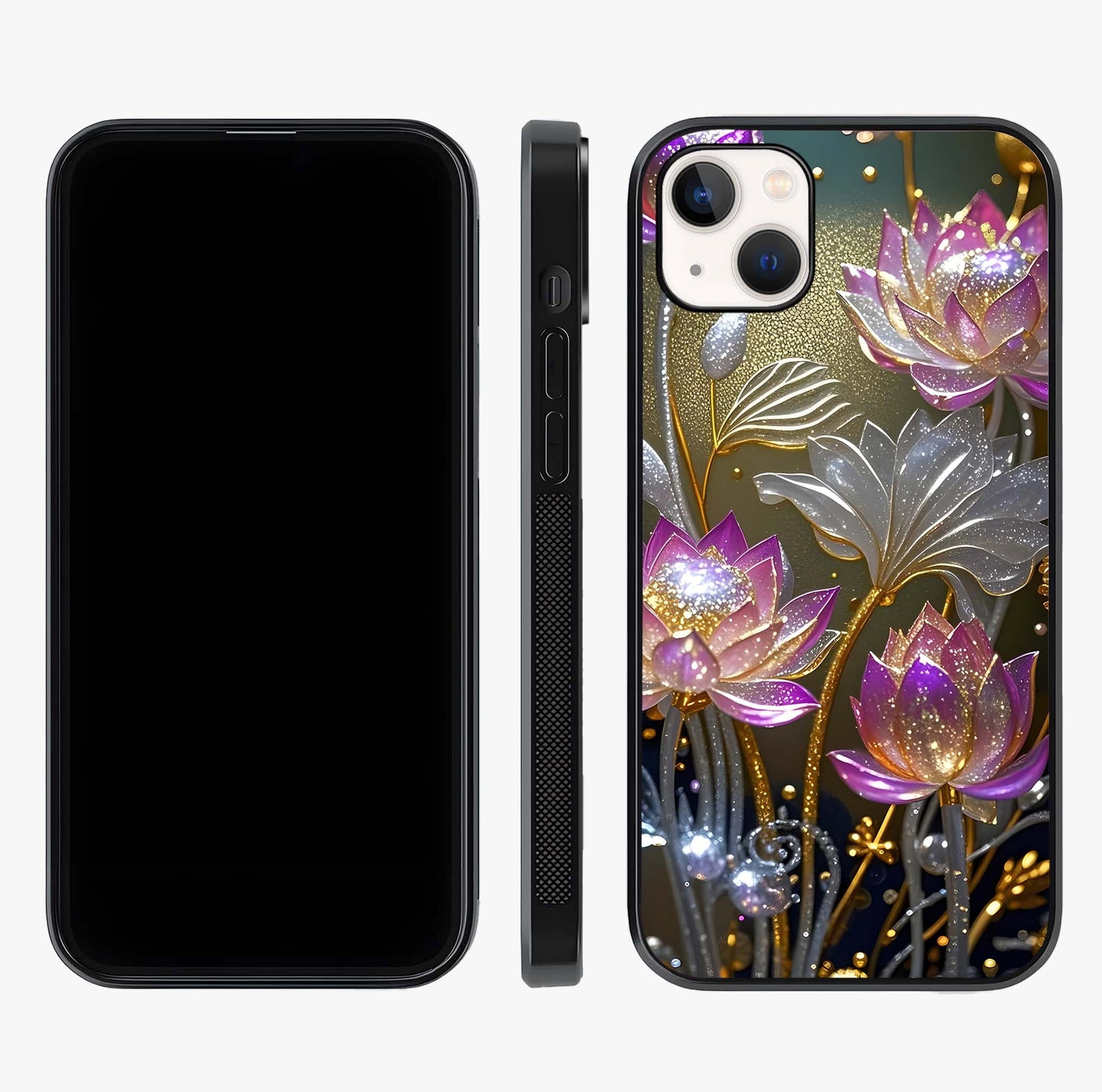Golden Lotus Glow Glass Case displayed upright for full design visibility and premium finish.