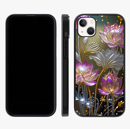 Golden Lotus Glow Glass Case displayed upright for full design visibility and premium finish.