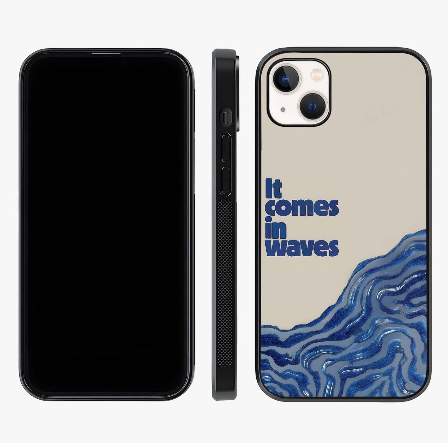 It Comes In Waves Quote Glass Case displayed upright for full design visibility and premium finish.