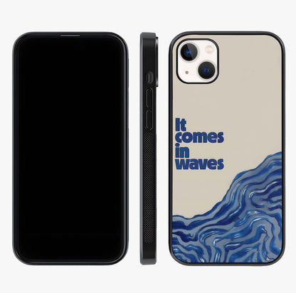 It Comes In Waves Quote Glass Case displayed upright for full design visibility and premium finish.