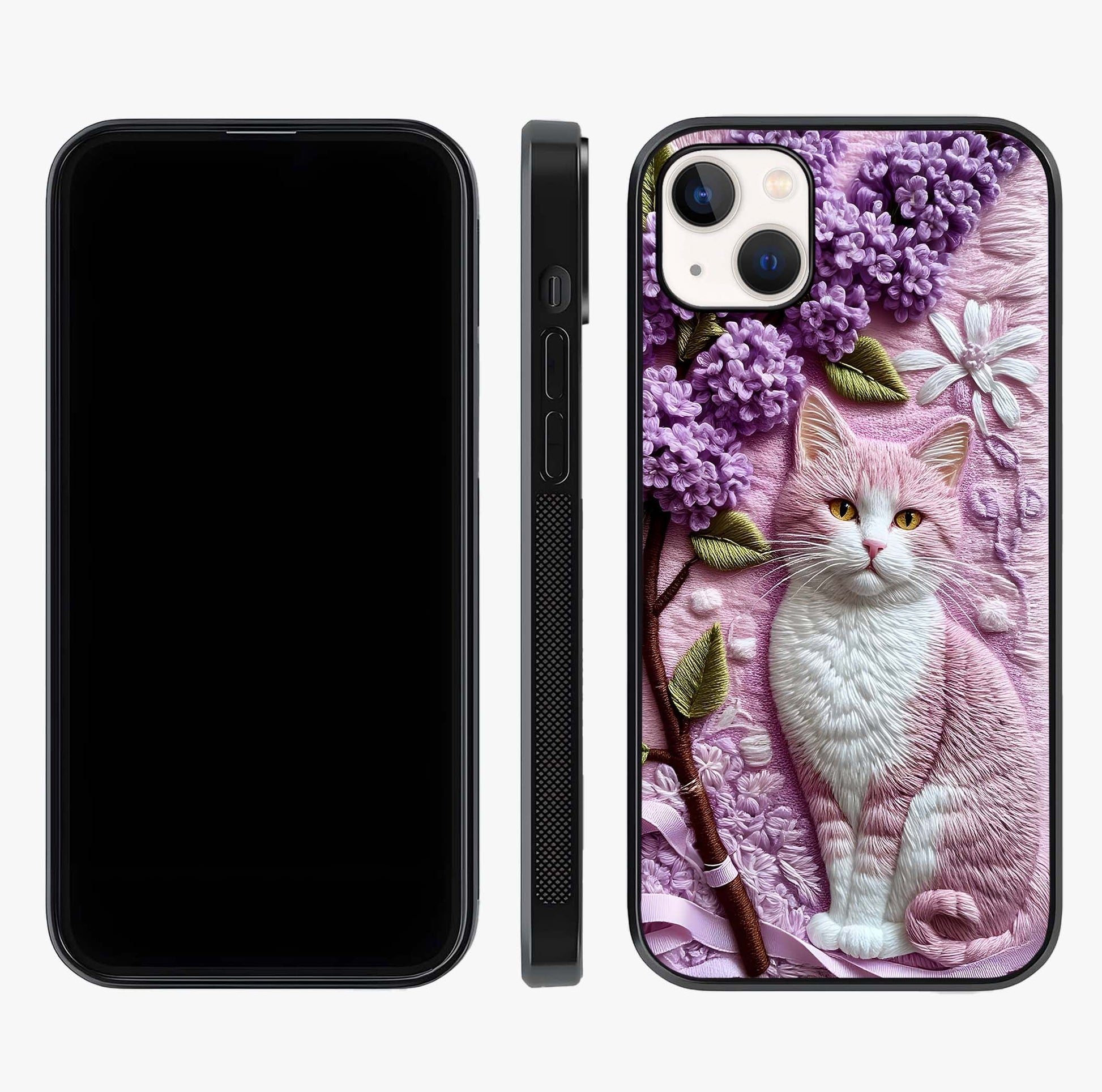 Lavender Cat Whimsy Glass Case displayed upright for full design visibility and premium finish.