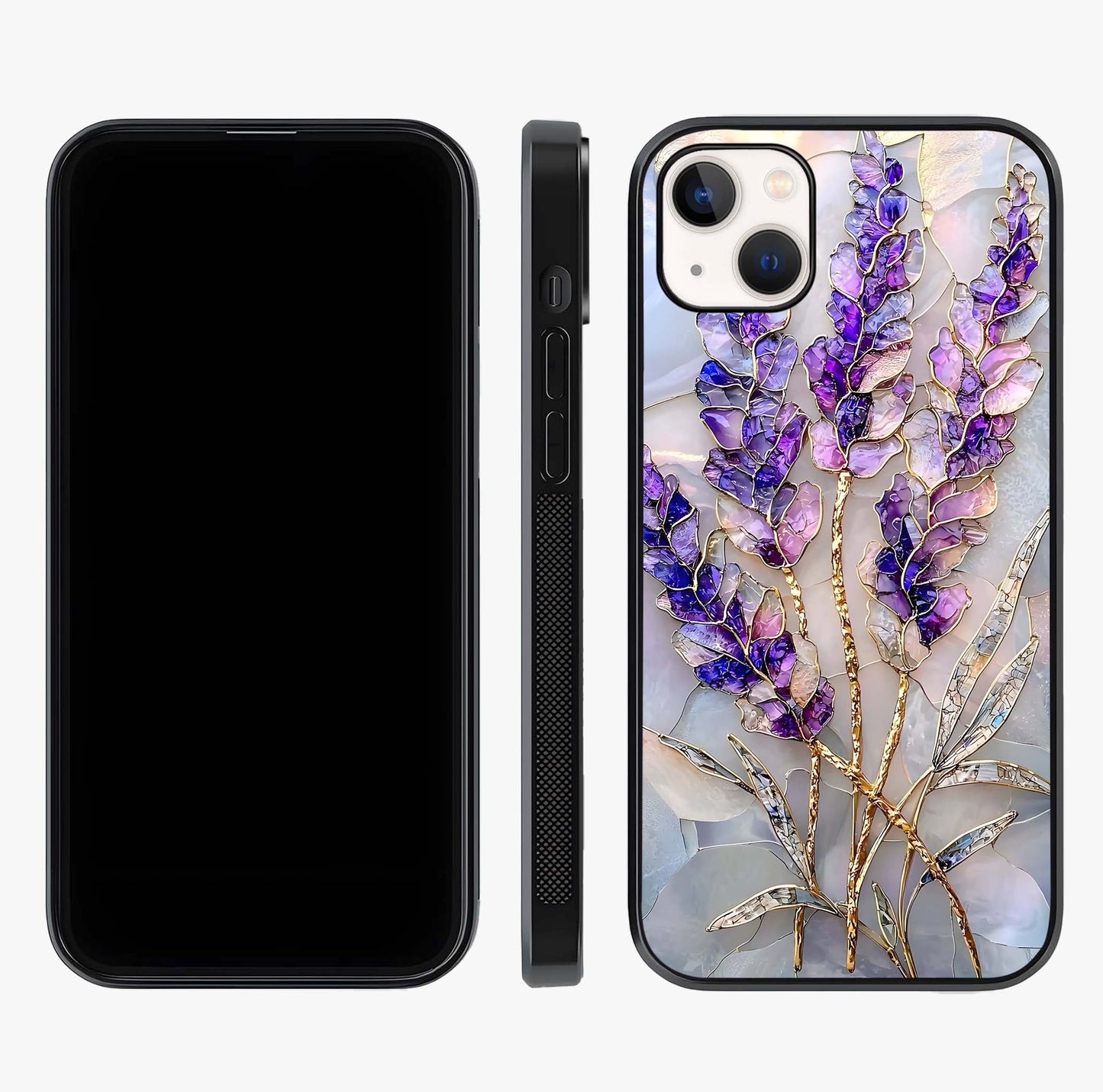 Lavender Dream Glow Glass Case displayed upright for full design visibility and premium finish.