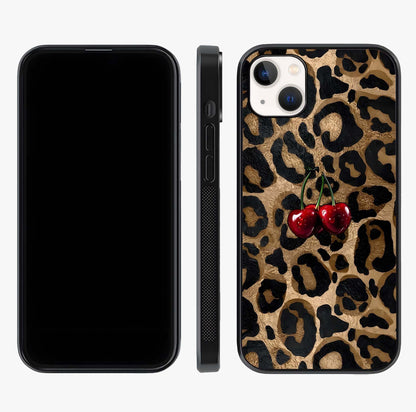 Leopard Wild Cherry Glass Case displayed upright for full design visibility and premium finish.