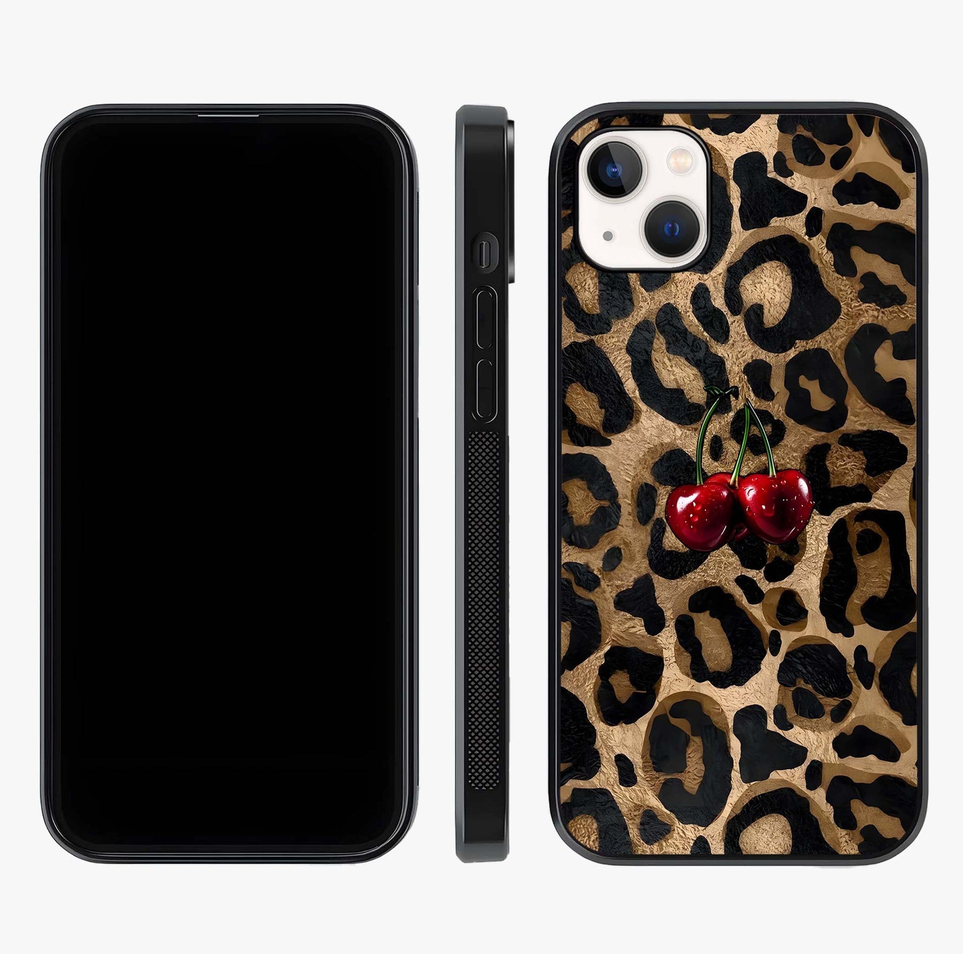 Leopard Wild Cherry Glass Case displayed upright for full design visibility and premium finish.