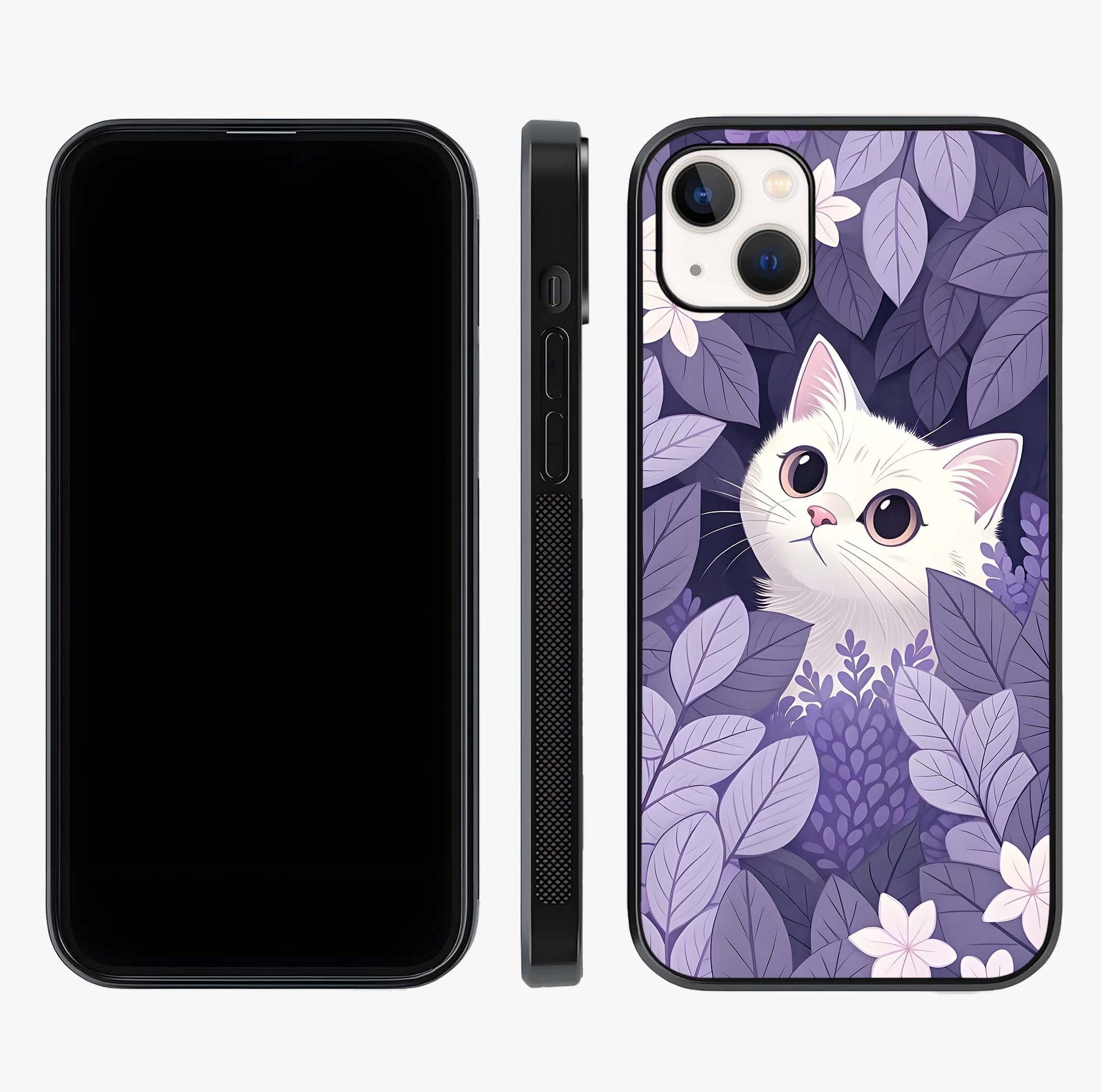 Lilac Hide Peek Cat Glass Case displayed upright for full design visibility and premium finish.