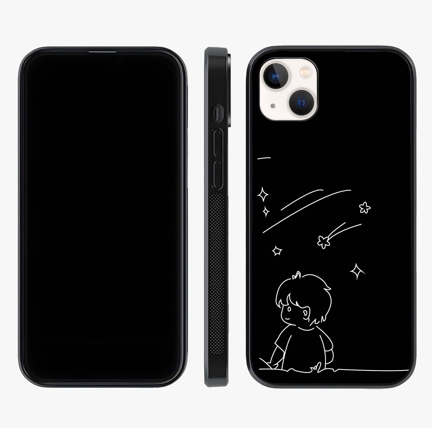 Line Art Boy With Shooting Stars Glass Case displayed upright for full design visibility and premium finish.