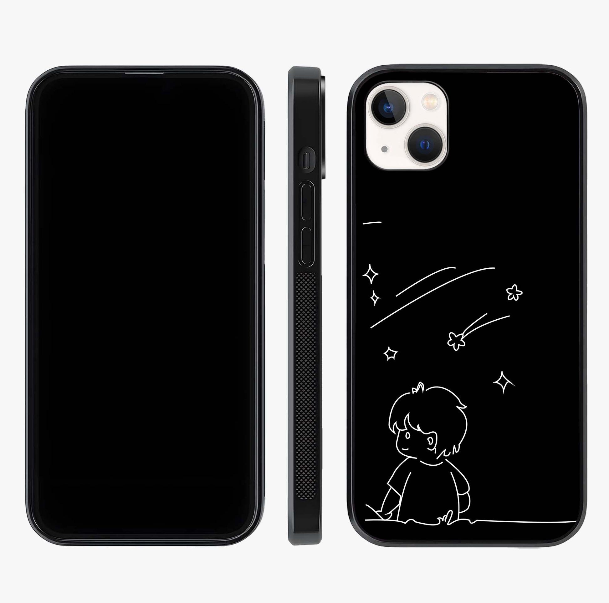 Line Art Boy With Shooting Stars Glass Case displayed upright for full design visibility and premium finish.