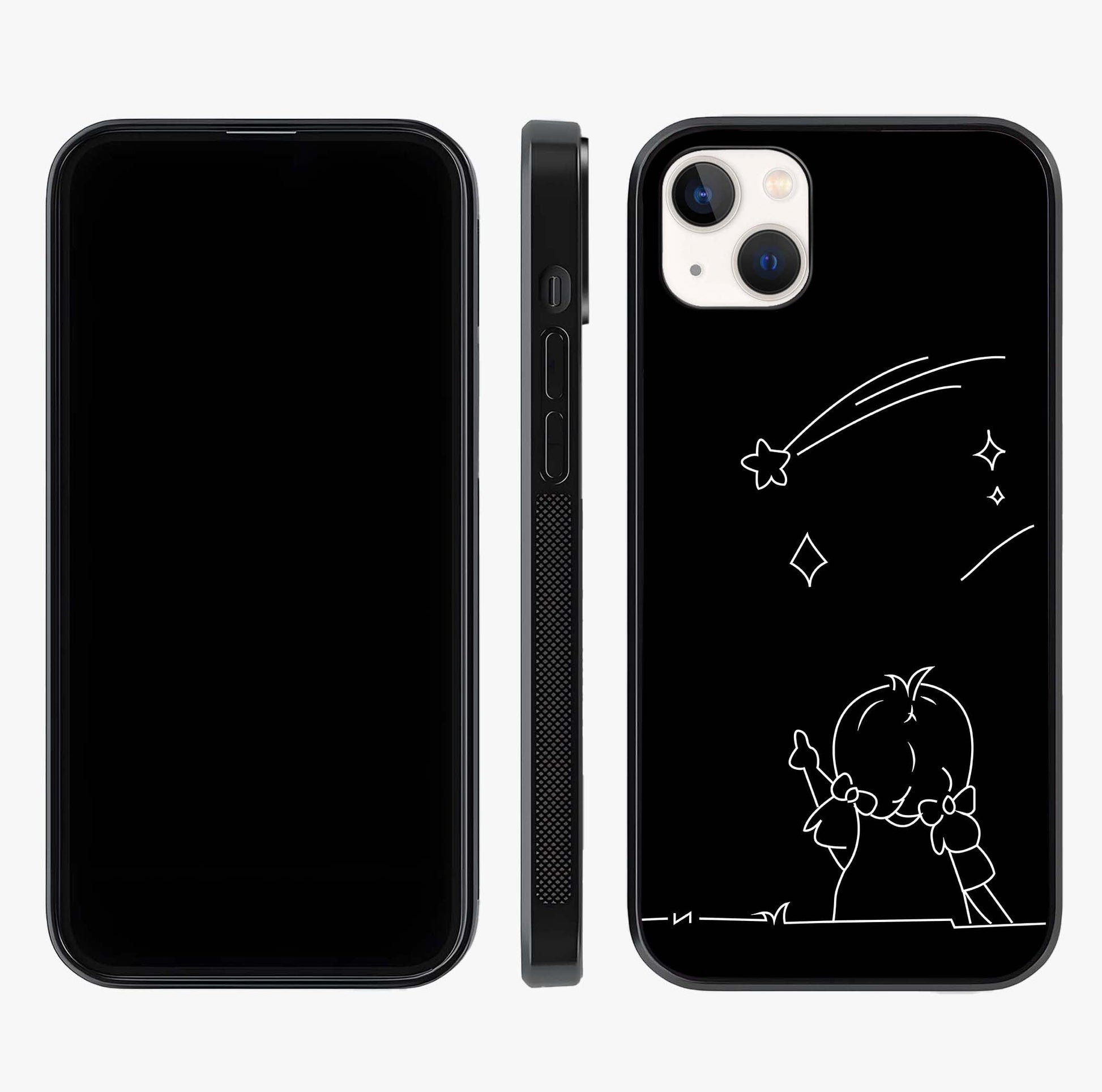 Line Art Girl With Shooting Stars Glass Case displayed upright for full design visibility and premium finish.