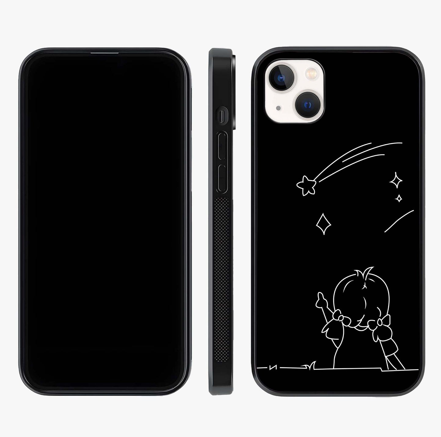 Line Art Girl With Shooting Stars Glass Case displayed upright for full design visibility and premium finish.