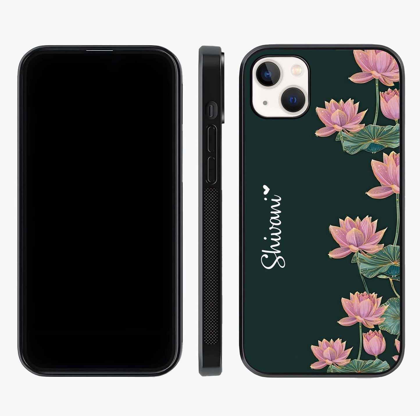 Lotus Bloom Serenity Custom Name Glass Case displayed upright for full design visibility and premium finish.