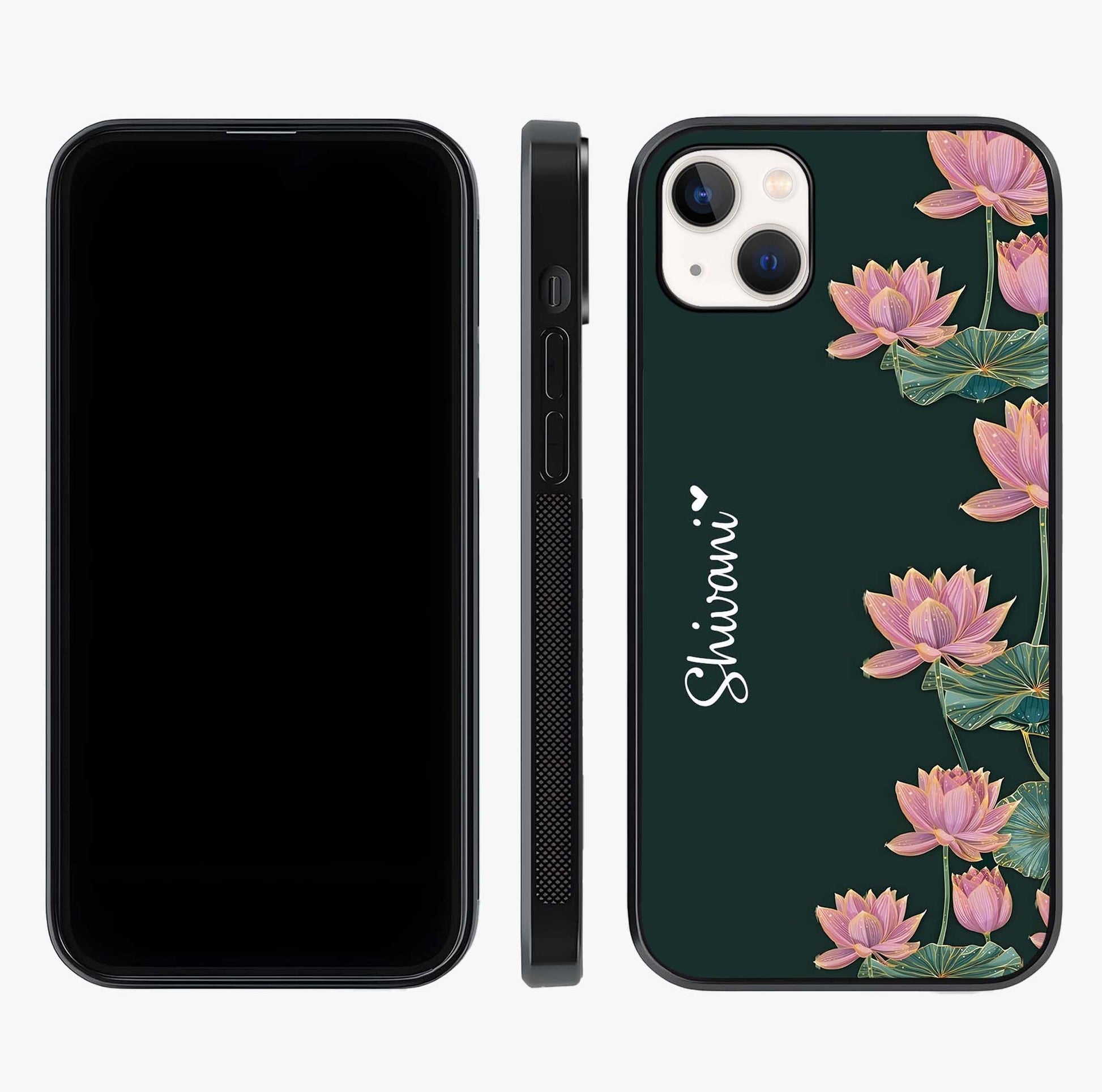 Lotus Bloom Serenity Custom Name Glass Case displayed upright for full design visibility and premium finish.