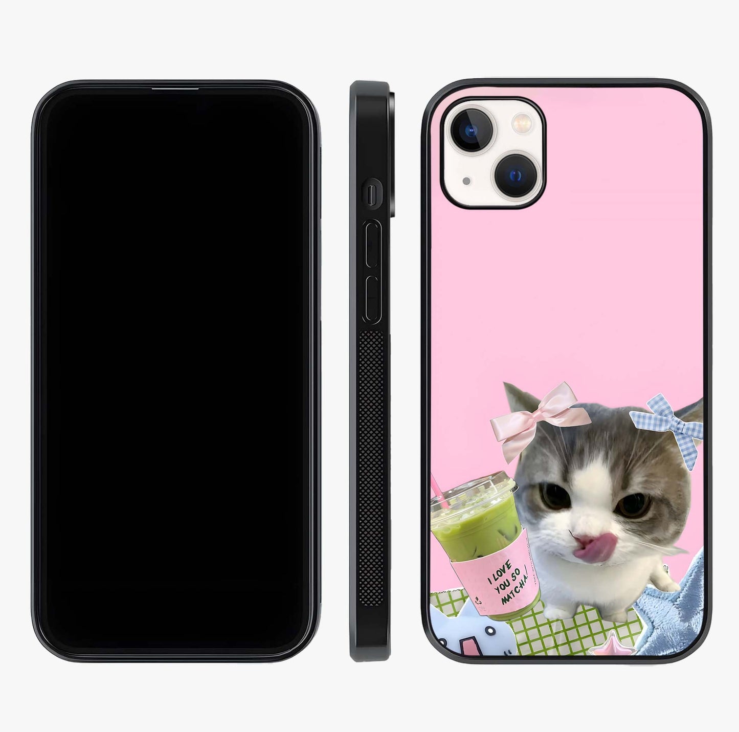 Love Matcha Cat Glass Case displayed upright for full design visibility and premium finish.