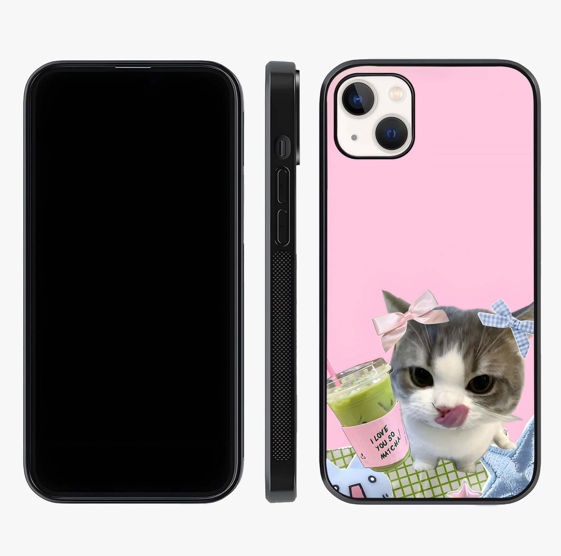 Love Matcha Cat Glass Case displayed upright for full design visibility and premium finish.