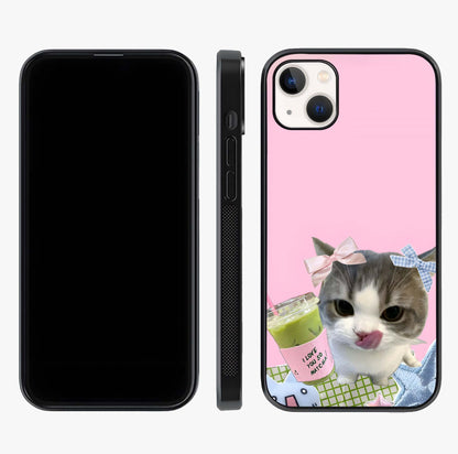 Love Matcha Cat Glass Case displayed upright for full design visibility and premium finish.