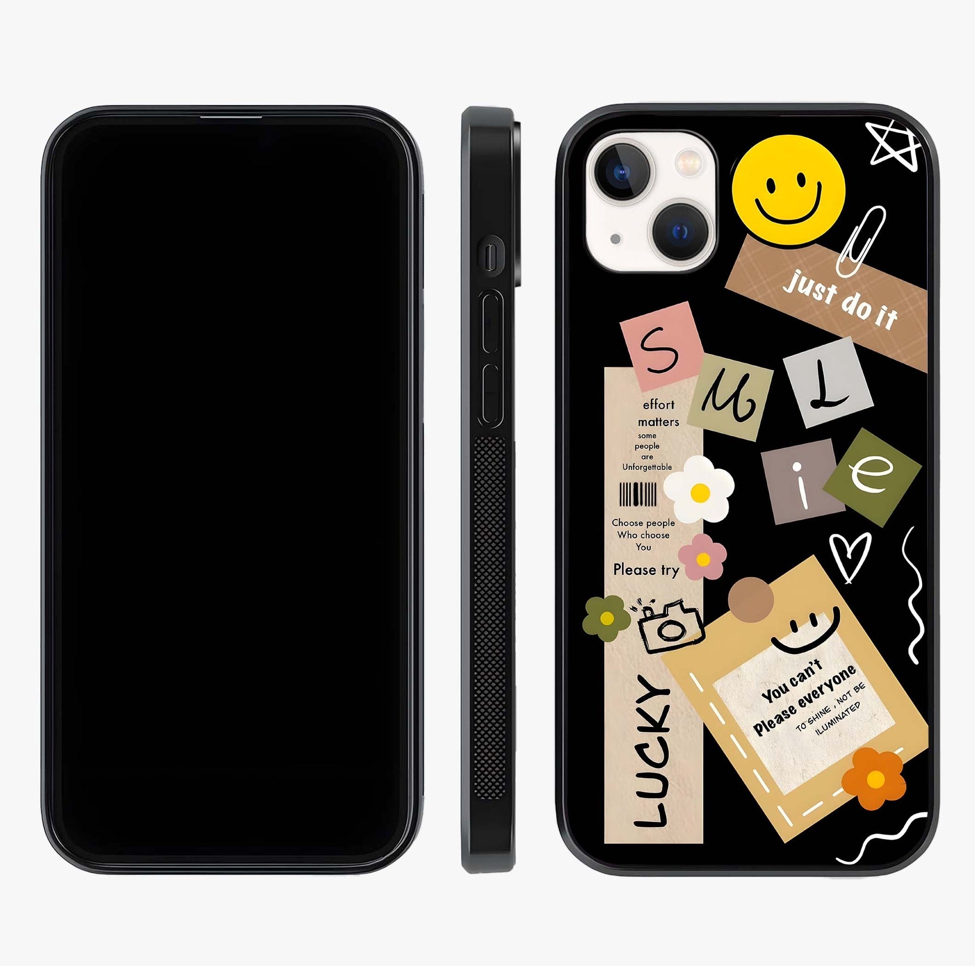 Lucky Aesthetic Collage Glass Case displayed upright for full design visibility and premium finish.