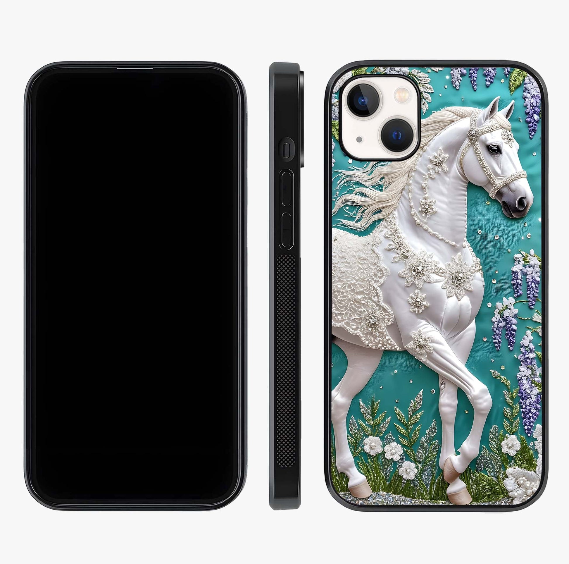 Majestic Floral Stallion Glass Case displayed upright for full design visibility and premium finish.
