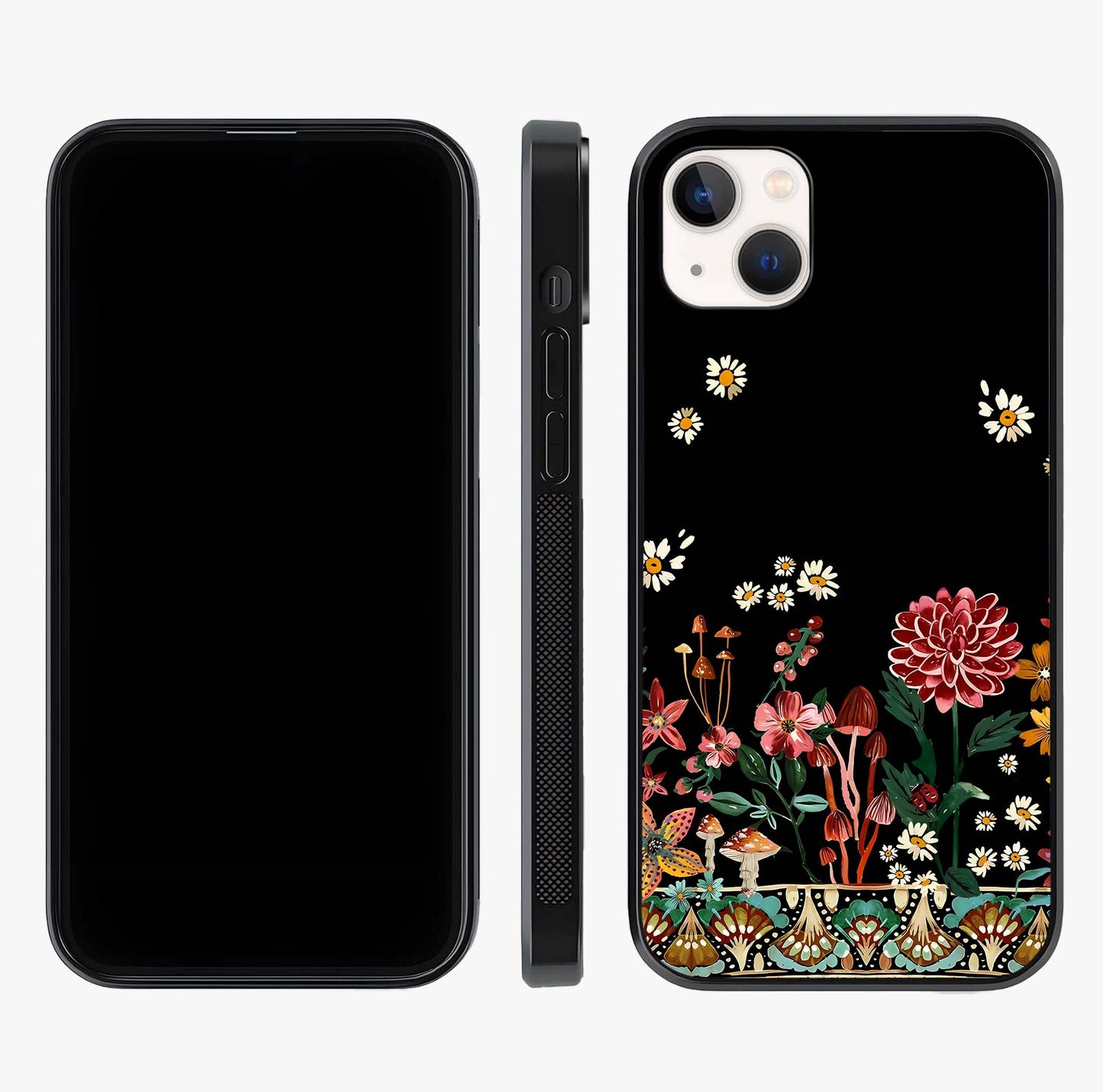 Midnight Bloom Pattern Glass Case displayed upright for full design visibility and premium finish.