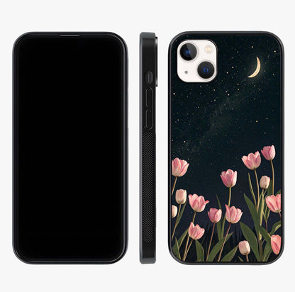 Midnight Tulip Whispers Vibe Glass Case displayed upright for full design visibility and premium finish.