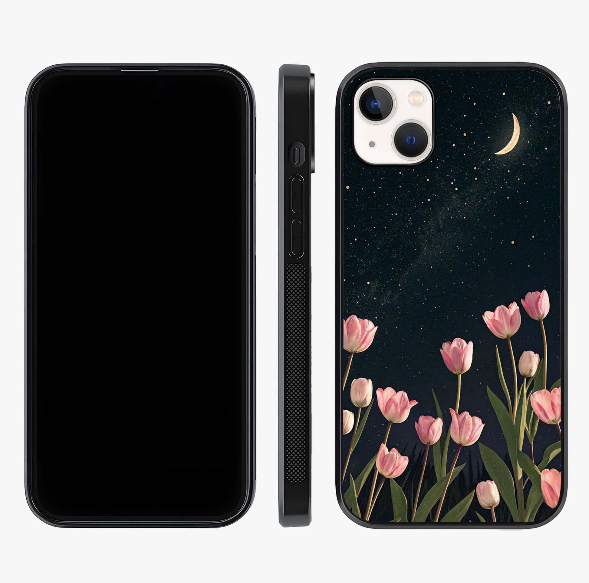 Midnight Tulip Whispers Vibe Glass Case displayed upright for full design visibility and premium finish.