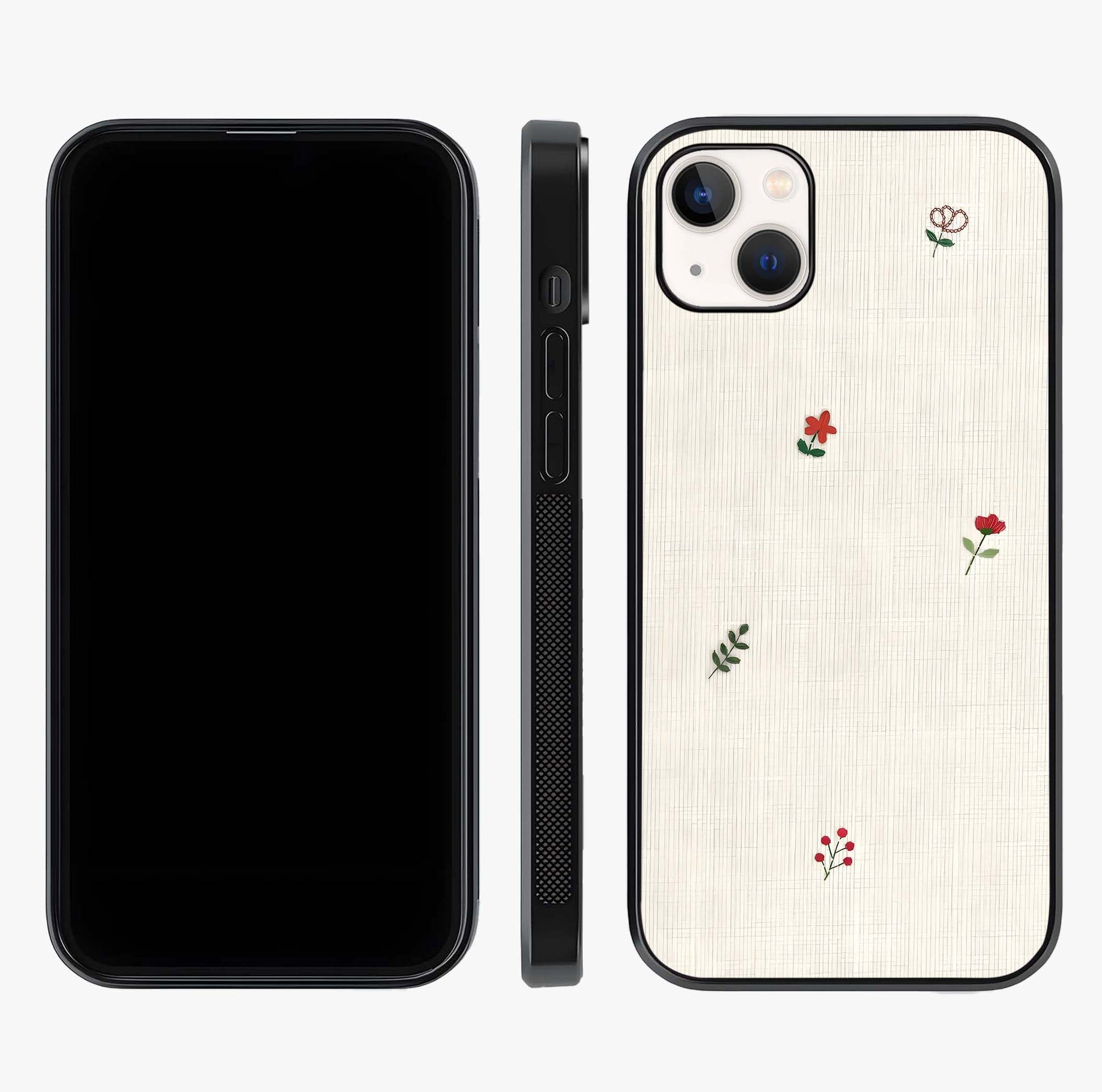Minimal Petal Whispers Glass Case displayed upright for full design visibility and premium finish.