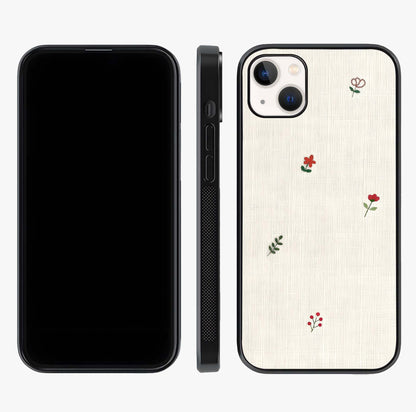 Minimal Petal Whispers Glass Case displayed upright for full design visibility and premium finish.