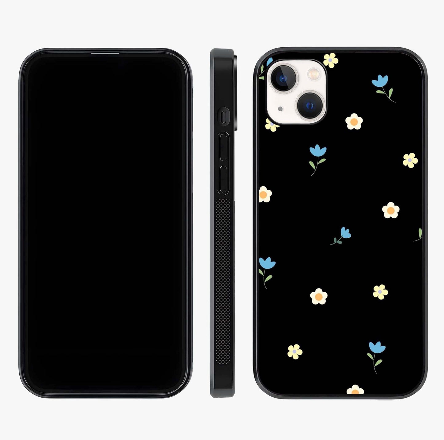 Minimalistic Blue With White Flower Pattern Glass Case displayed upright for full design visibility and premium finish.