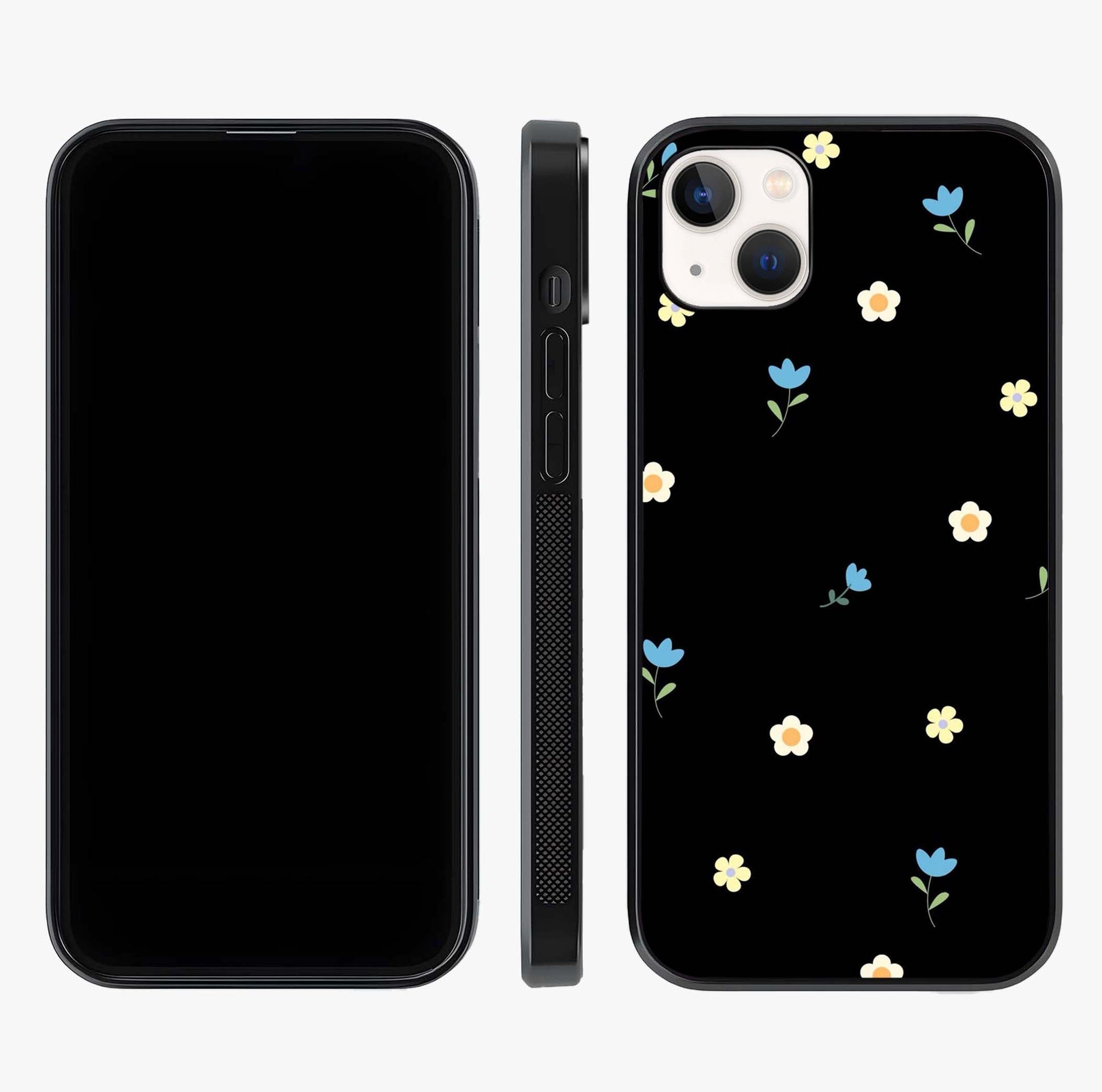Minimalistic Blue With White Flower Pattern Glass Case displayed upright for full design visibility and premium finish.