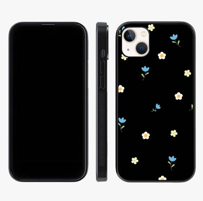 Minimalistic Blue With White Flower Pattern Glass Case displayed upright for full design visibility and premium finish.