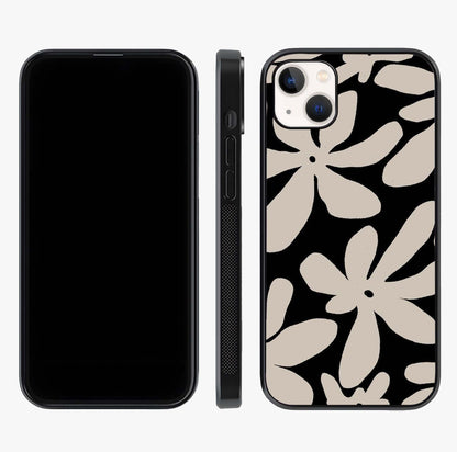 Monochrome Petal Dance Glass Case displayed upright for full design visibility and premium finish.