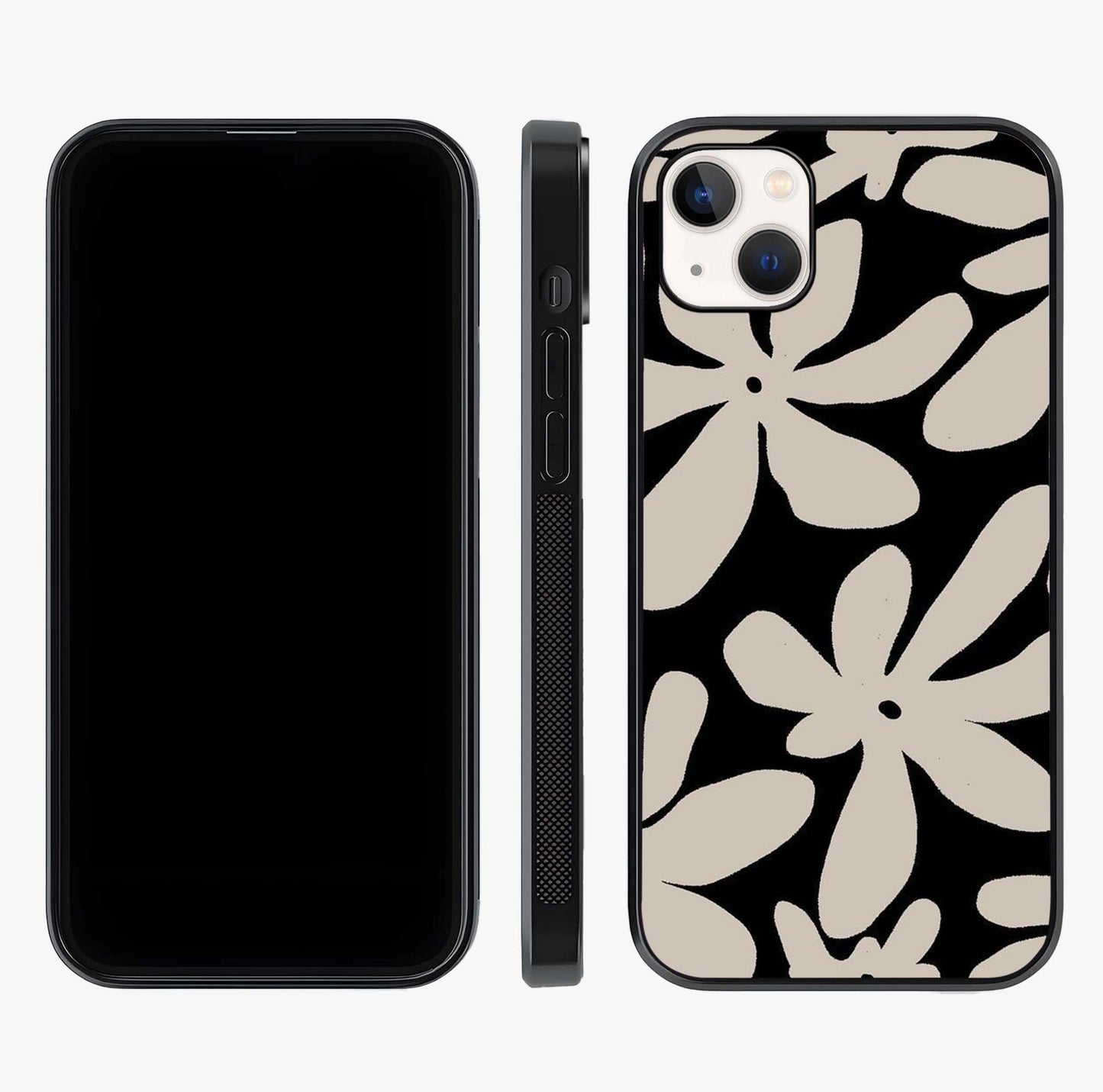 Monochrome Petal Dance Glass Case displayed upright for full design visibility and premium finish.
