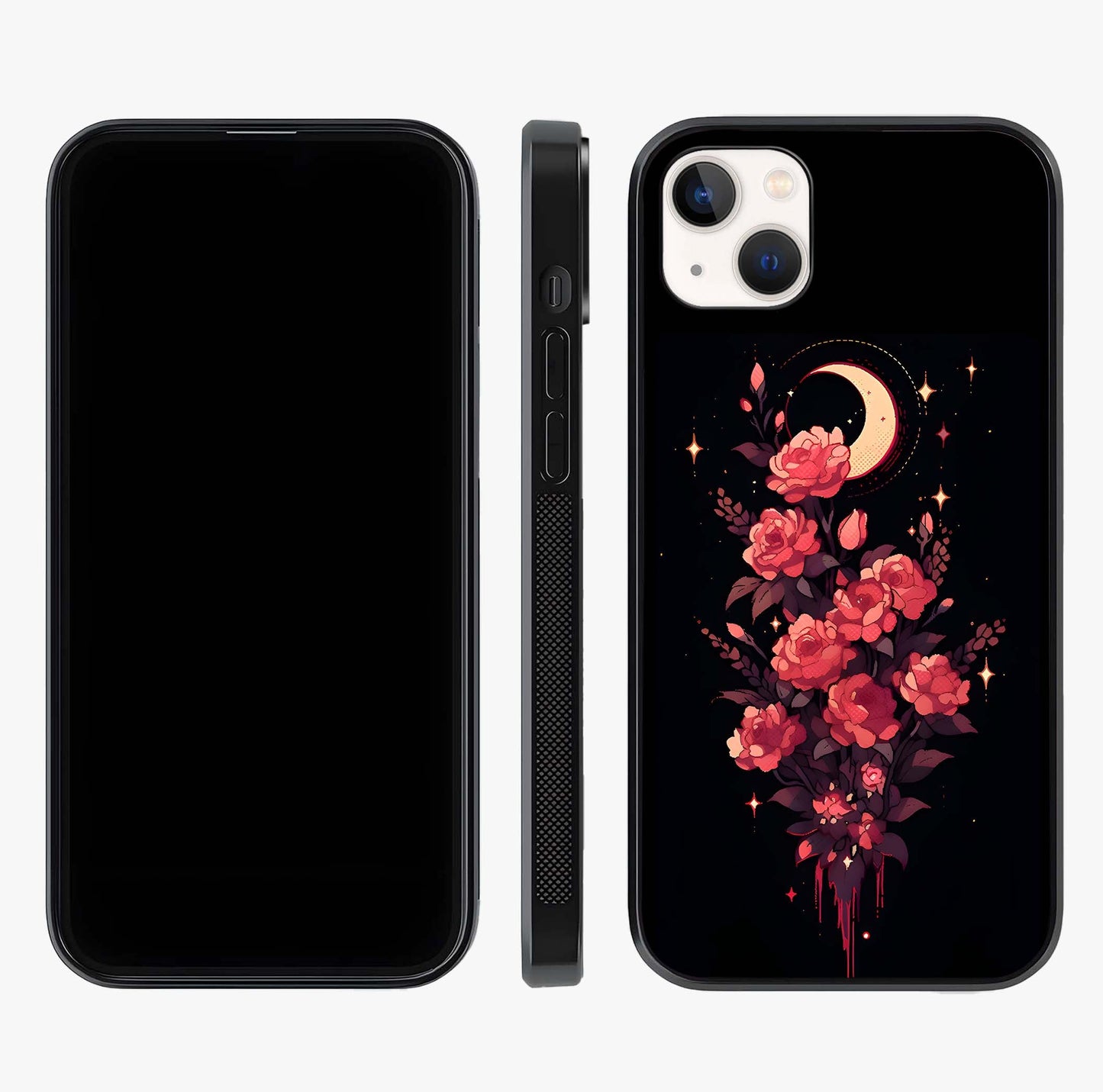 Moonlit Floral Elegance Glass Case displayed upright for full design visibility and premium finish.