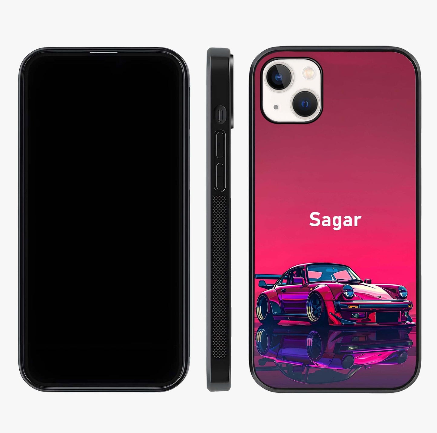 Neon Pink Porsche Glass Case displayed upright for full design visibility and premium finish.