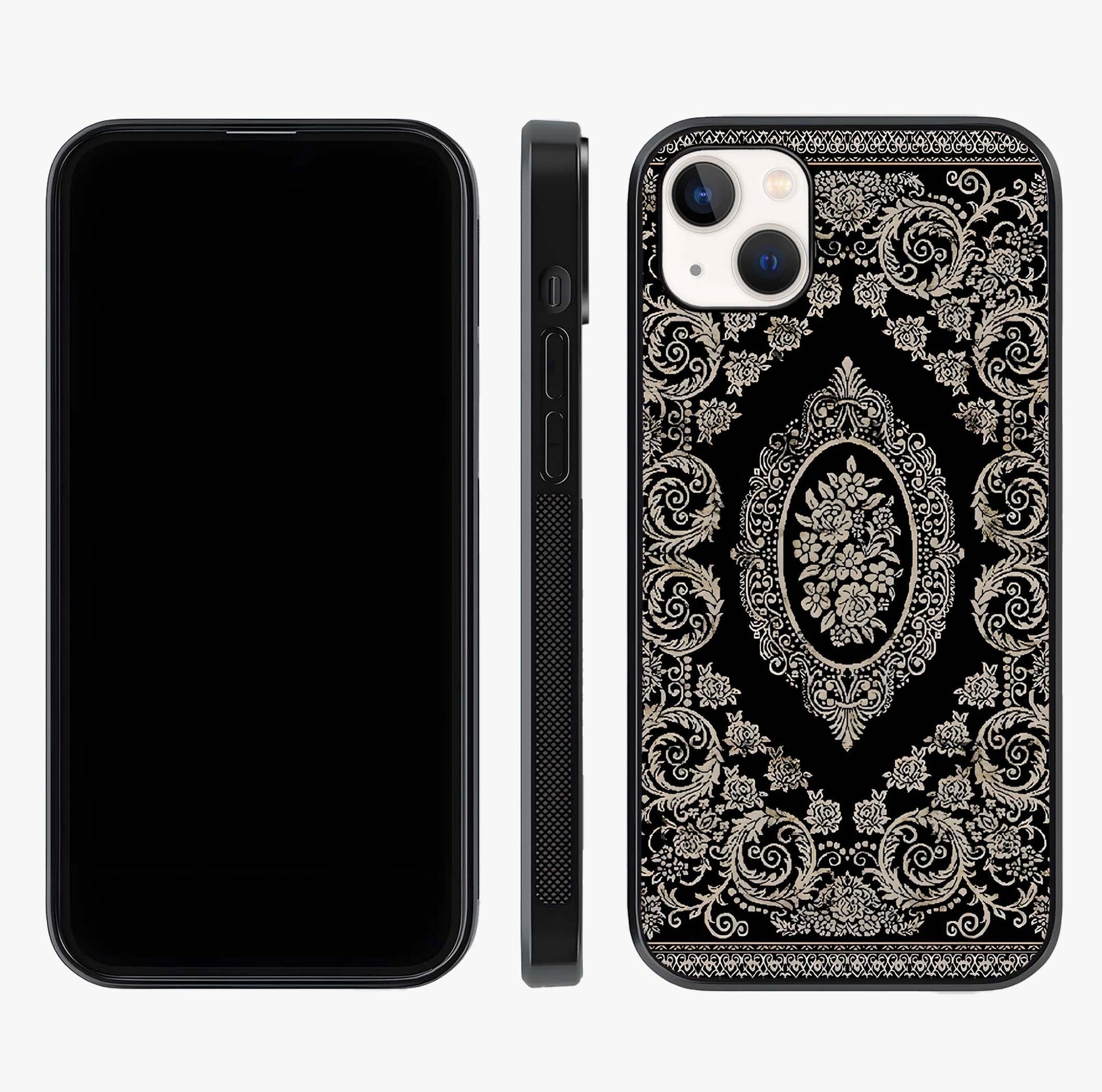 Noir Bloom Elegance Glass Case displayed upright for full design visibility and premium finish.