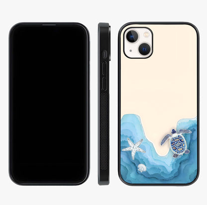 Ocean Drift Turtle Glass Case displayed upright for full design visibility and premium finish.