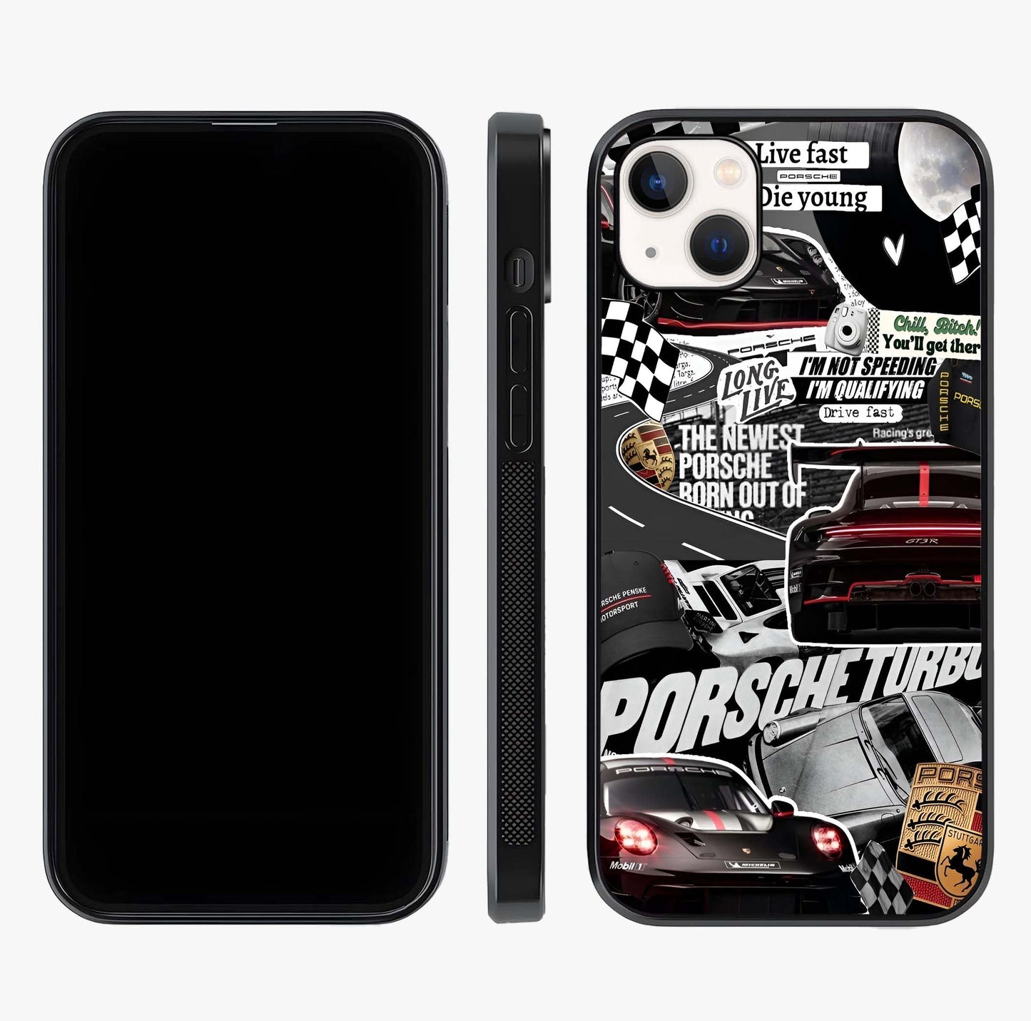 Porsche Racing Collage Glass Case displayed upright for full design visibility and premium finish.