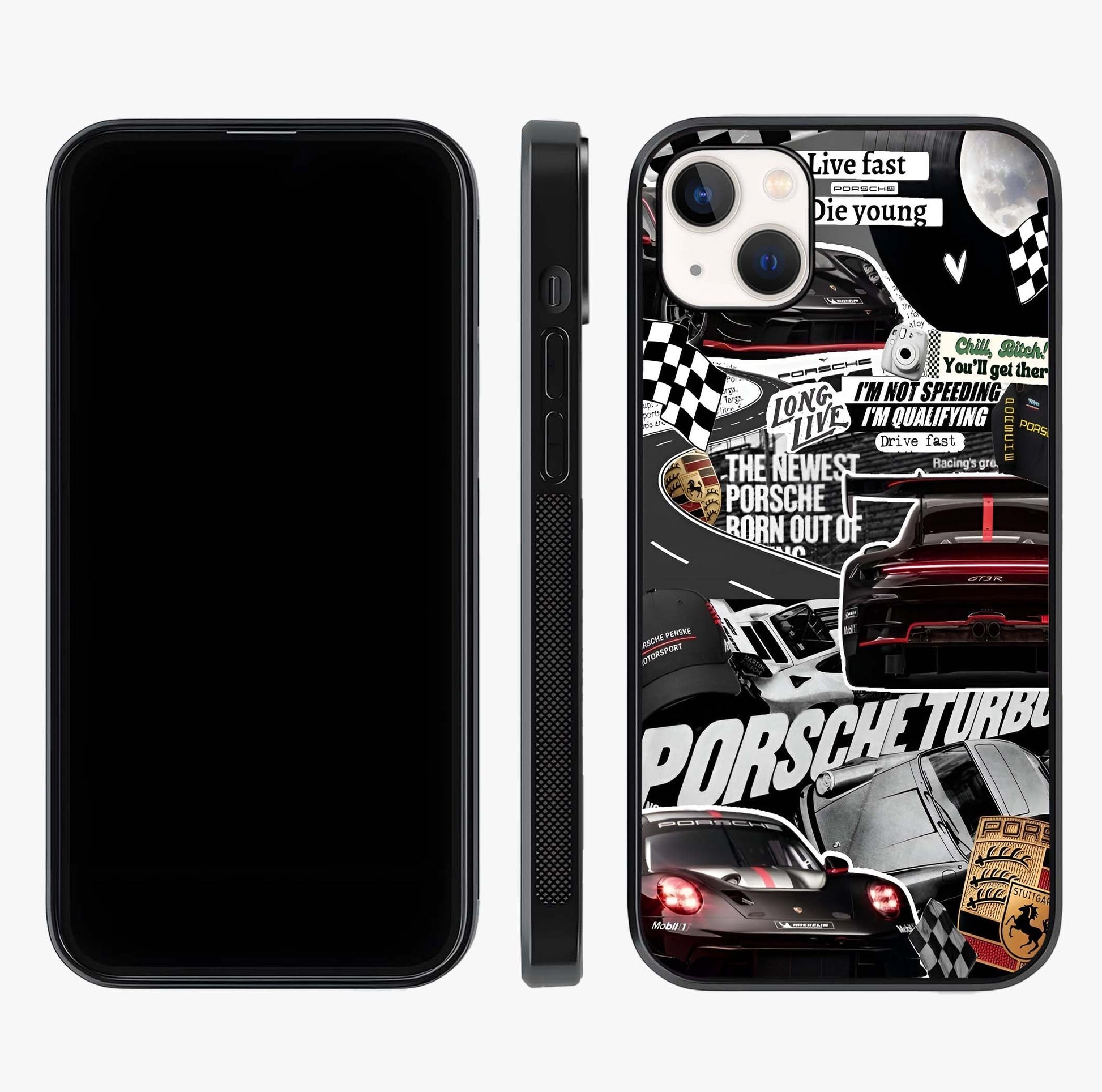 Porsche Racing Collage Glass Case displayed upright for full design visibility and premium finish.