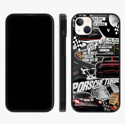Porsche Racing Collage Glass Case displayed upright for full design visibility and premium finish.