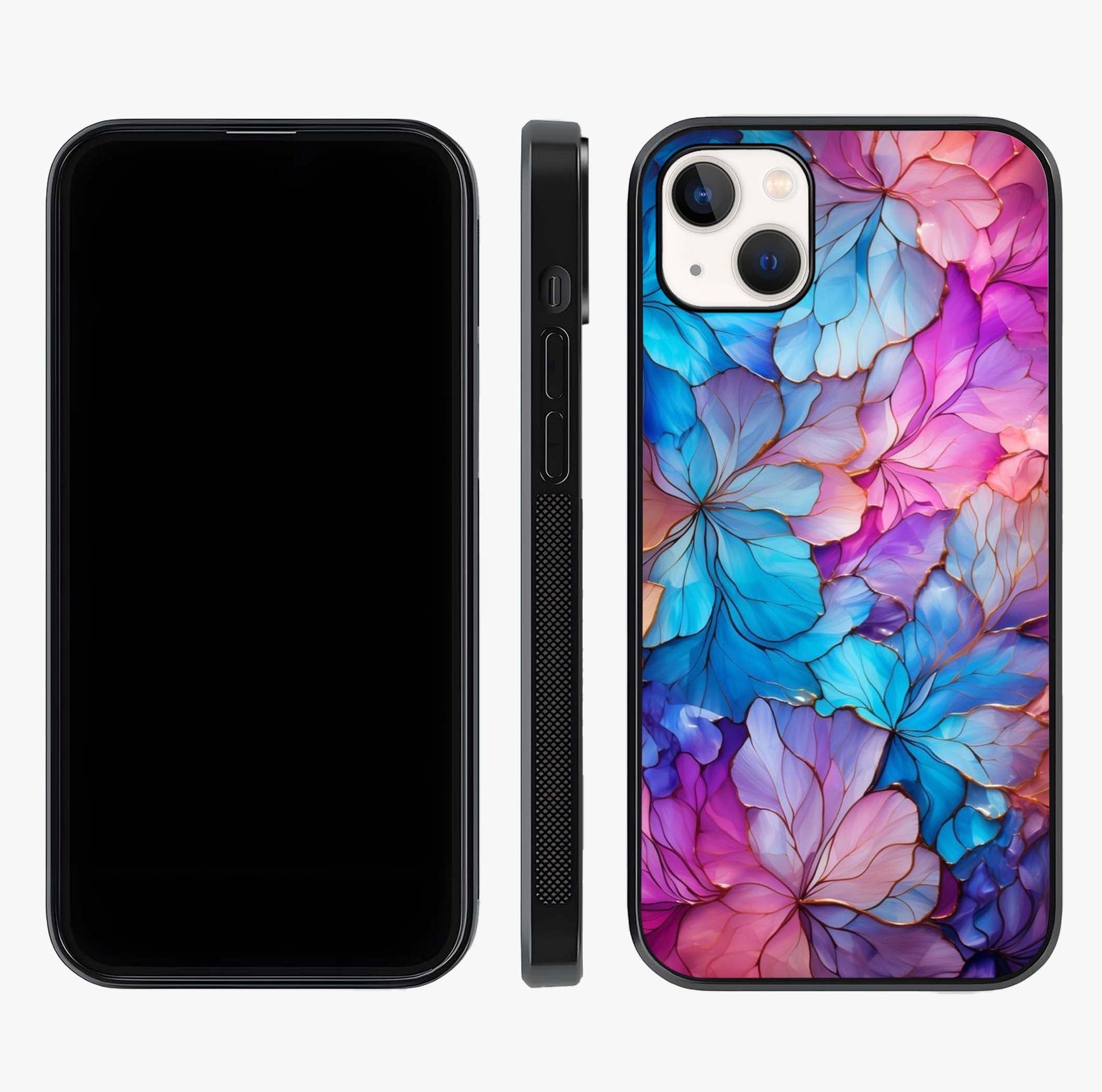 Radiant Floral Whirl Glass Case displayed upright for full design visibility and premium finish.