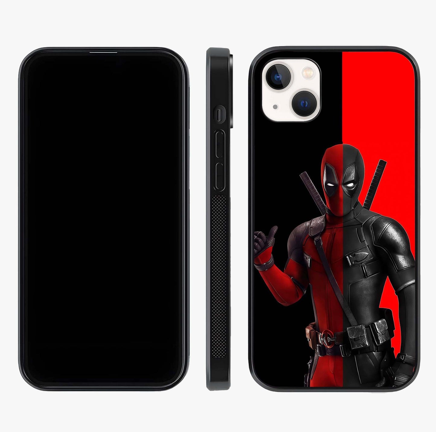 Red & Black Deadpool Theme Glass Case displayed upright for full design visibility and premium finish.