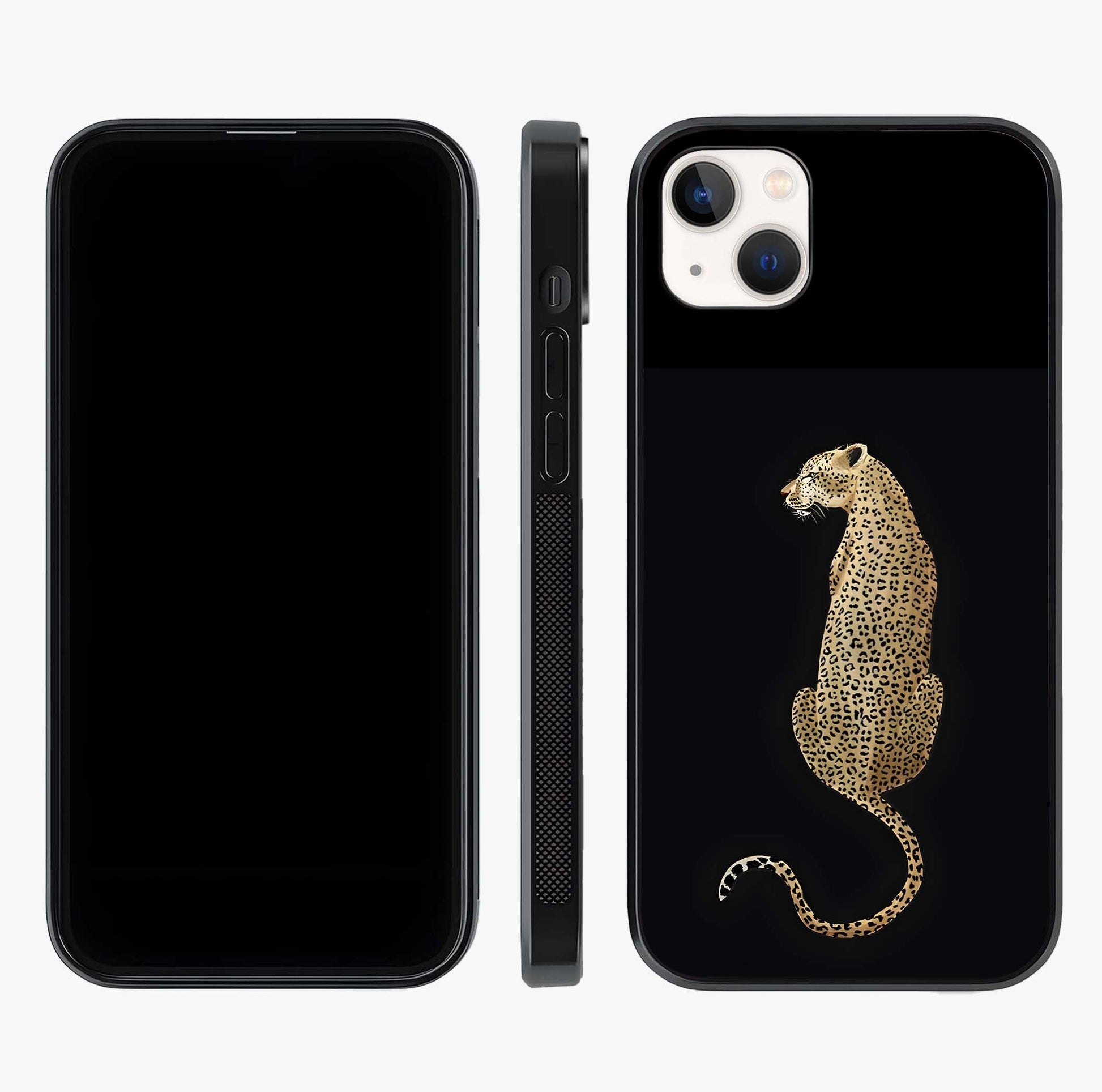 Regal Leopard Glass Case displayed upright for full design visibility and premium finish.