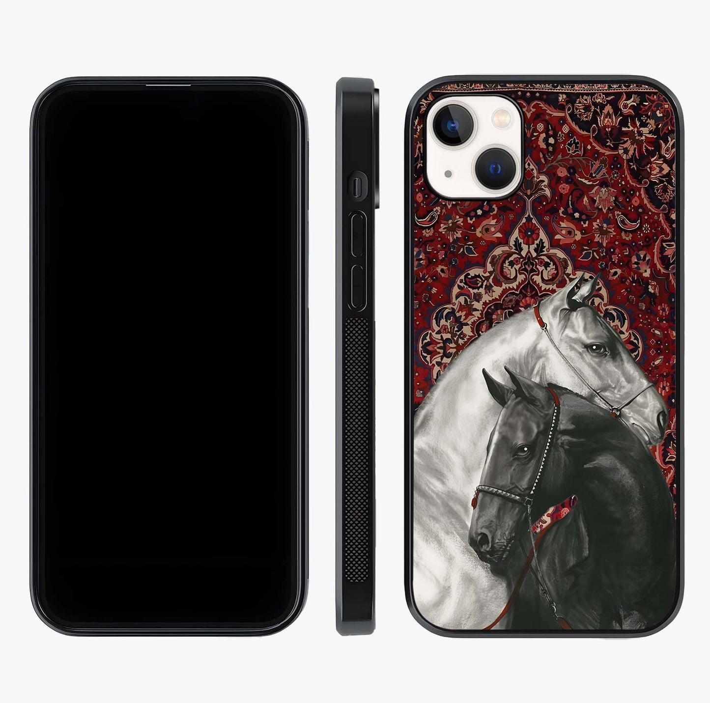 Regal Stallion Tapestry Glass Case displayed upright for full design visibility and premium finish.