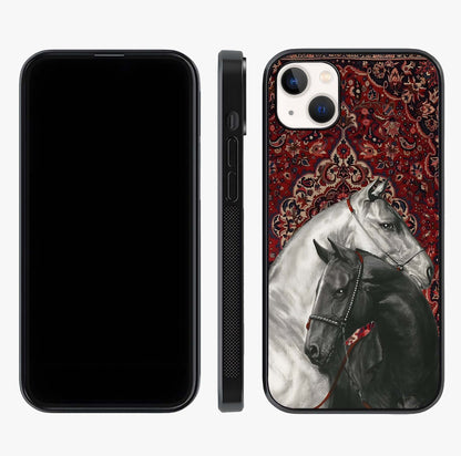 Regal Stallion Tapestry Glass Case displayed upright for full design visibility and premium finish.