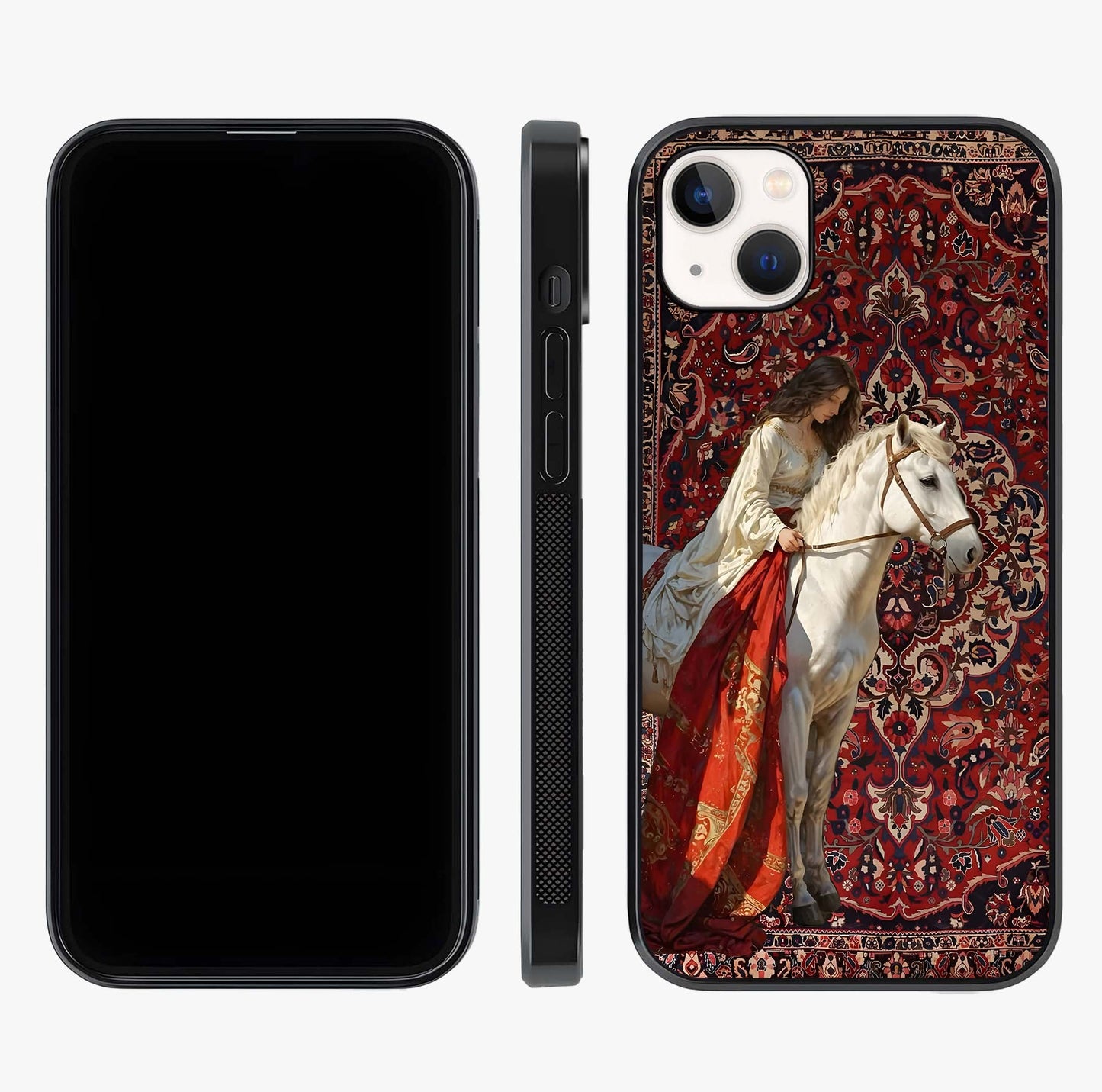 Royal Rider Tapestry Glass Case displayed upright for full design visibility and premium finish.